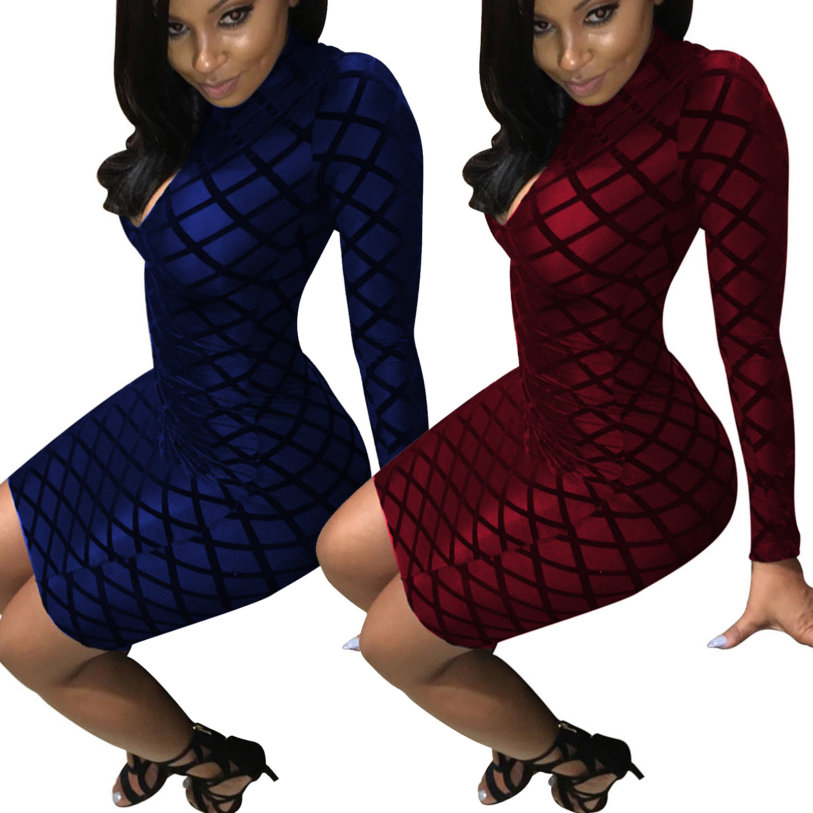 3949 跨境2020 欧美外贸女装批发 高领植绒连衣裙 夜店裙 3色现货