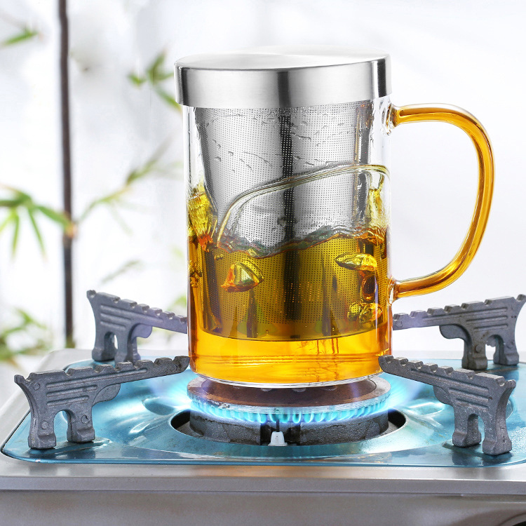 Vidrio de borosilicato fuga de acero taza de tres piezas separación de té taza de té Filtro de acero inoxidable de gran capacidad con fuga Taza con mango