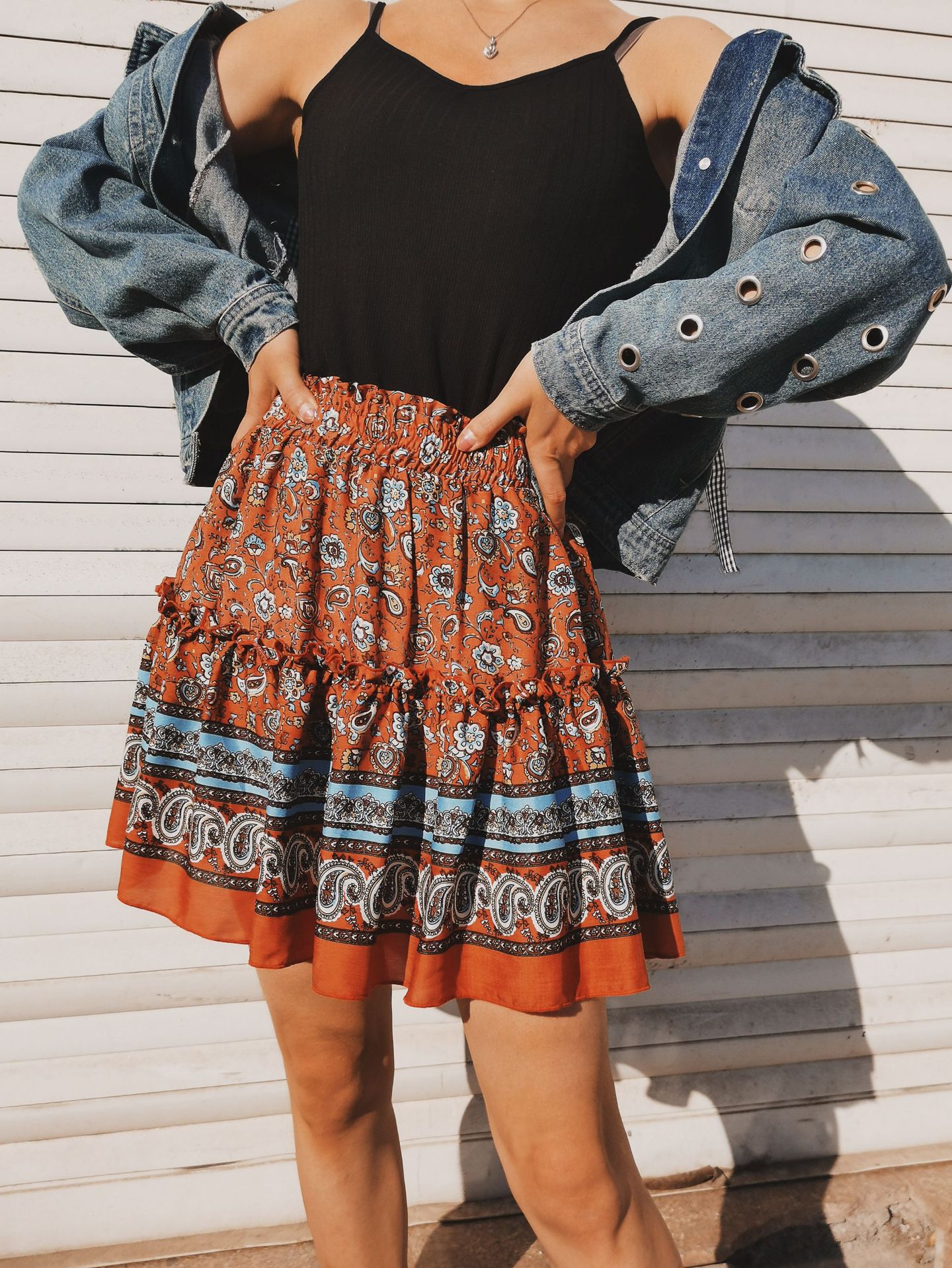 hot style print short Bohemian ethnic style ruffled skirt NSLDY60017