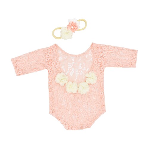 Newborn photography set including chiffon floral lace dress and pearl headband, two-piece set