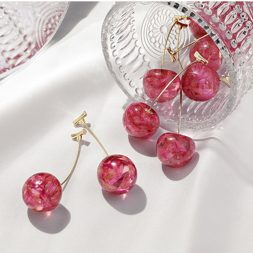 New resin design cute girl fresh cherry tender pink dried flower cherry earrings earrings for women