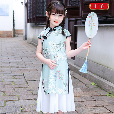 Girls chinese qipao dresses oriental green pink red floral cheongsam Embroidered chinese dress for kids 
