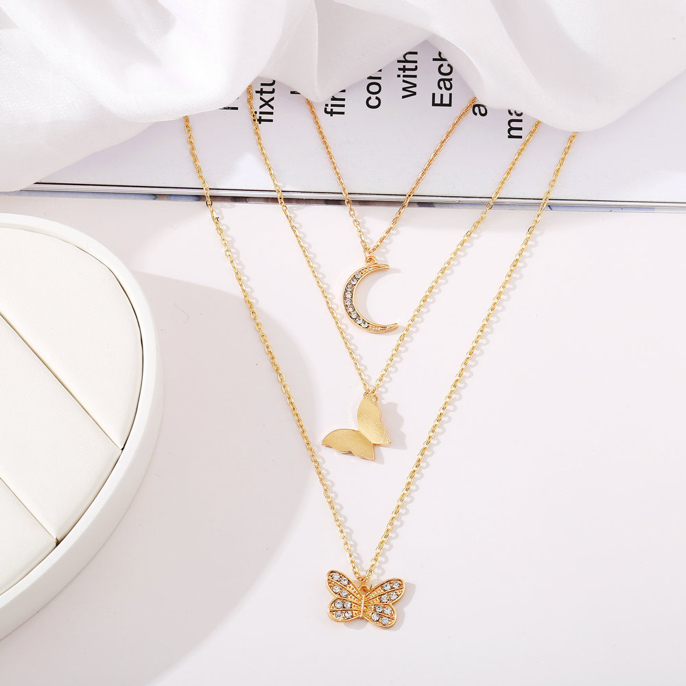 new inlaid rhinestone butterfly creative simple alloy three-layer necklace