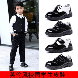 Boys' Leather Shoes Children's Black British Korean Style 2023 Fashionable Winter Fleece-lined Flower Girl Performance Soft-soled Student and Child Performance