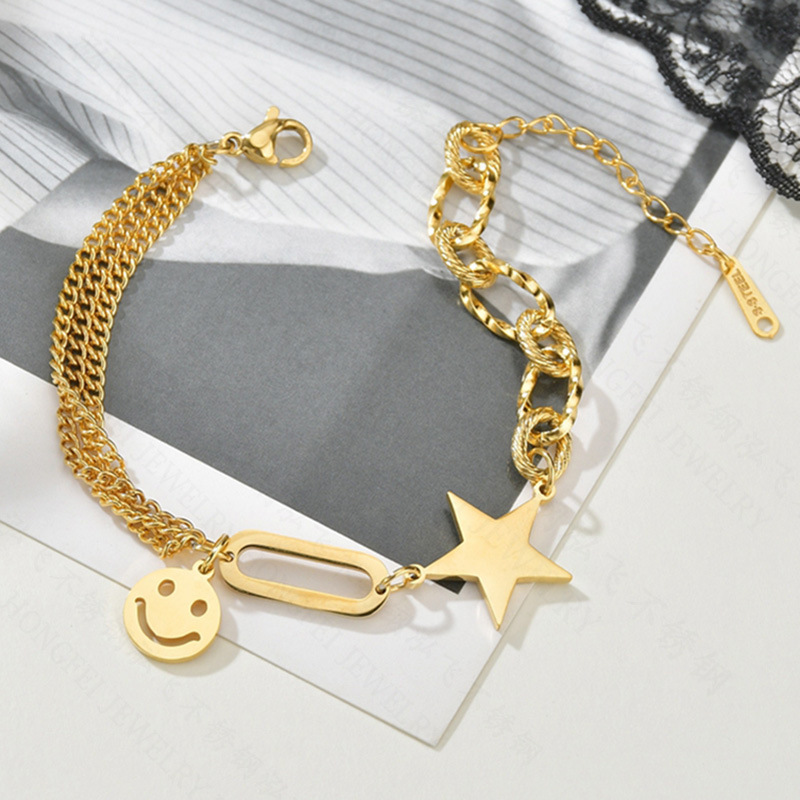 Japanese And Korean Ins Cold And Simple Smiley Face Bracelet Personality Retro Five-pointed Star Tassel Chain Bracelet Female Tide Niche display picture 5