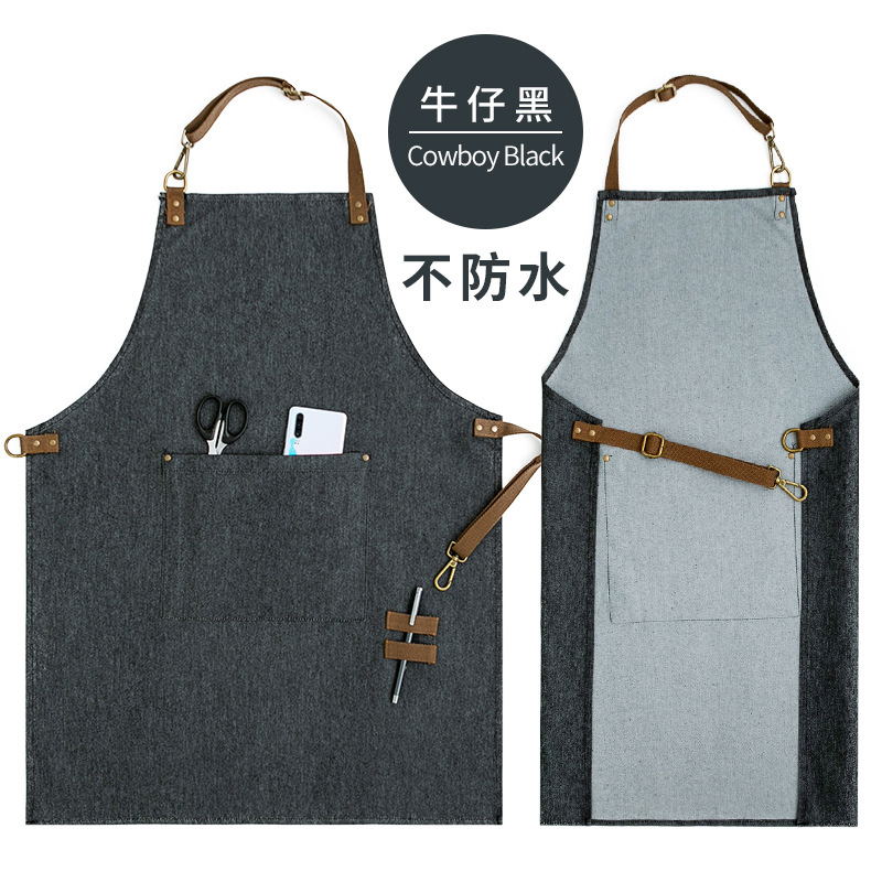 Delantal Denim lienzo impreso logotipo impresión cafetería camarero ropa de trabajo cintura anti-fouling resistente a las manchas resistente al desgaste