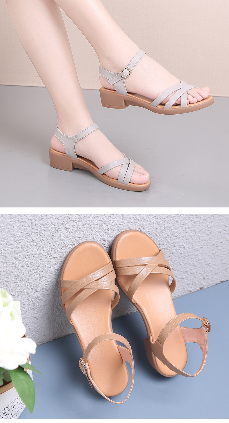 Sandal nữ đế bệt da thật quai chữ V thoải mái cho người trung niên — Màu đen chi tiết 12