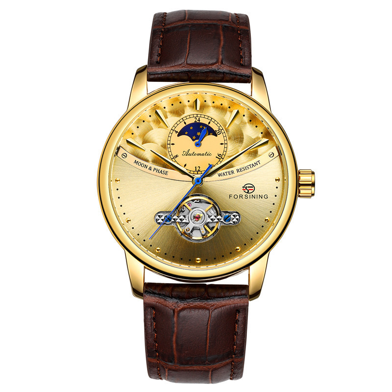 Forsining Fusini 8179 cinturón hombres de negocios reloj mecánico automático transparente inferior hueco reloj hombres