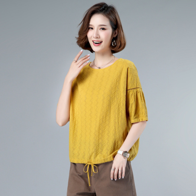 Comfortable and fashionable Shirt Short Sleeve summer round neck individual solid color temperament