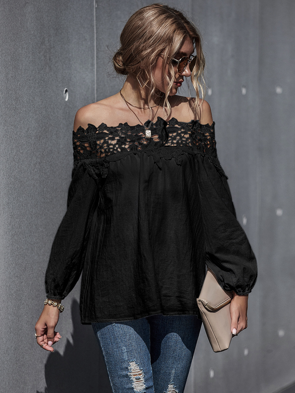 autumn and winter new women s lace stitching sexy one-shoulder puff sleeve blouse NSDF339