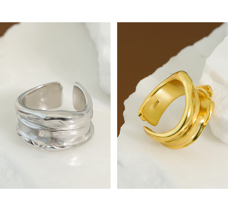 Korean version of ins cold wind minimalist irregular folds wide face S925 sterling silver ring