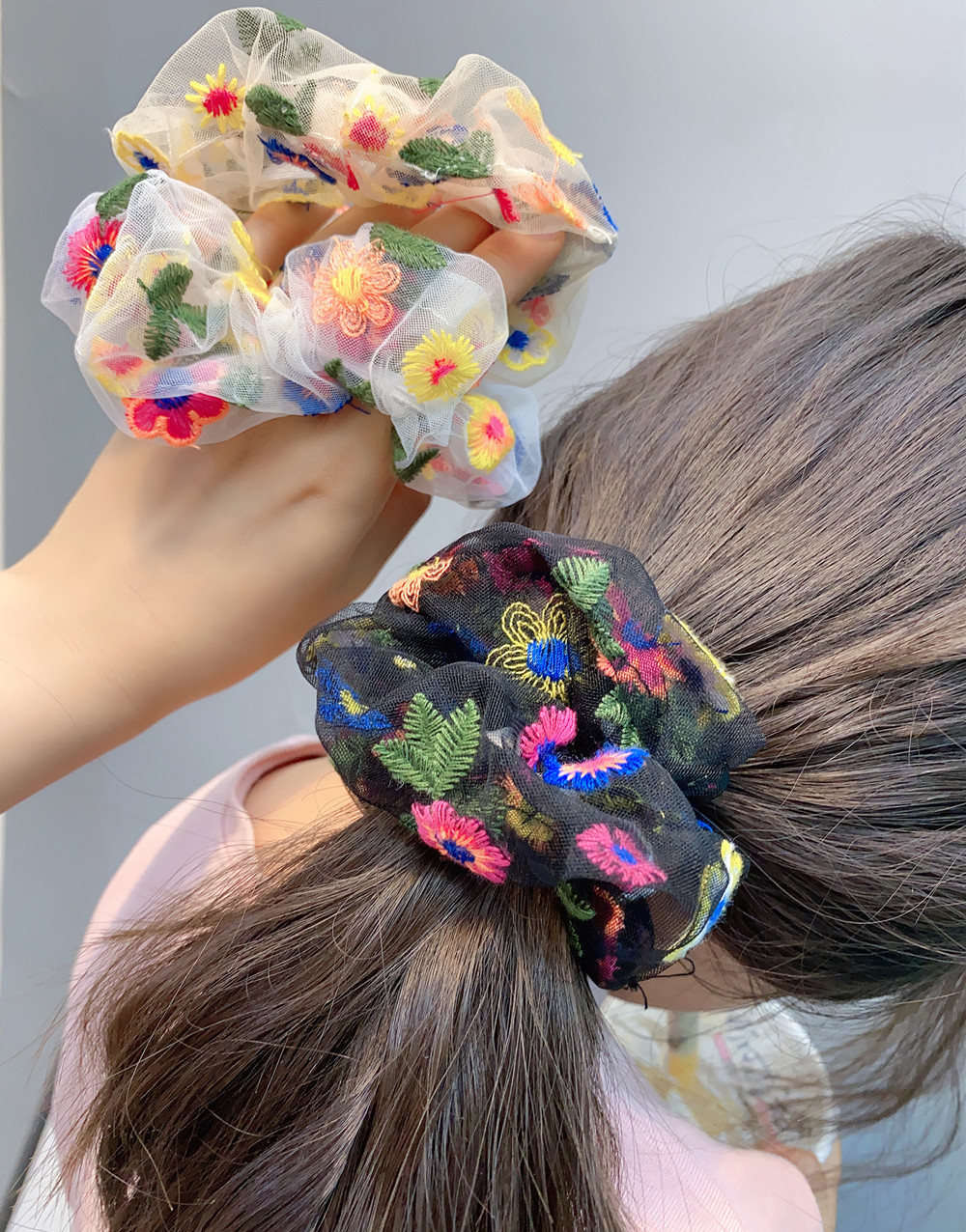 Flower Embroidery Mesh Hair Scrunchies display picture 2
