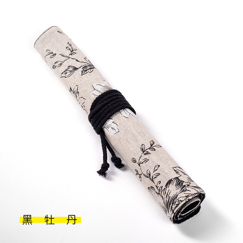 Black Peony Cotton Linen Double-Layer Large Capacity Watercolor Brush Bag with Hair Brushes Oil Paint Brushes, Watercolor Brush Storage Bag
