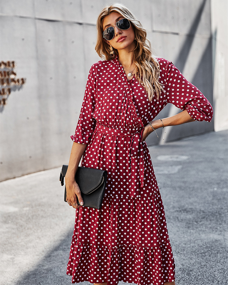 Long-Sleeved V-Neck Receiving Waist Polka Dot Dress NSDY100532