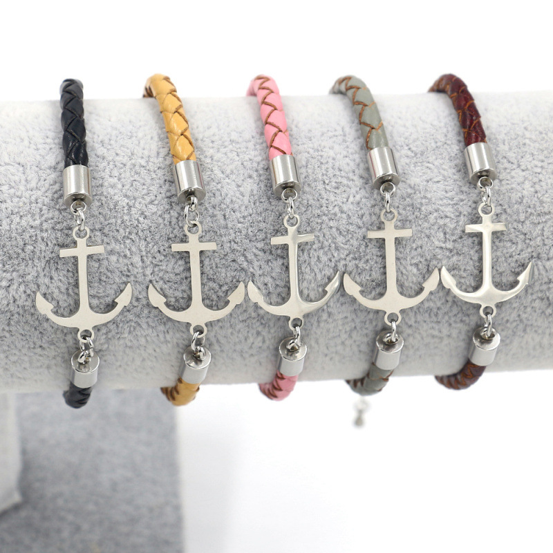 Fashion Anchor Stainless Steel Leather Patchwork Braid Bracelets display picture 1