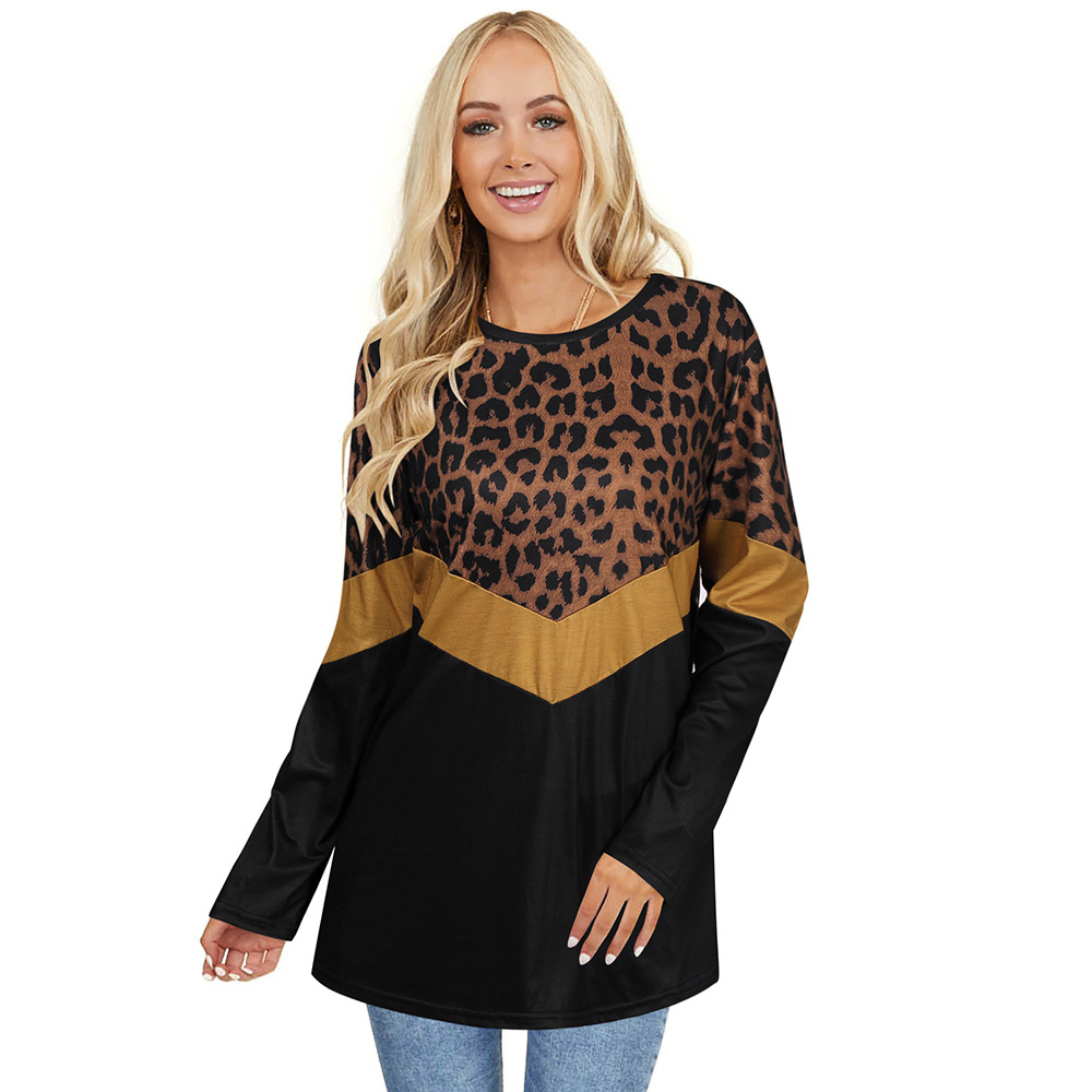 round neck long-sleeved leopard print contrast stitching sweater NSSA26510