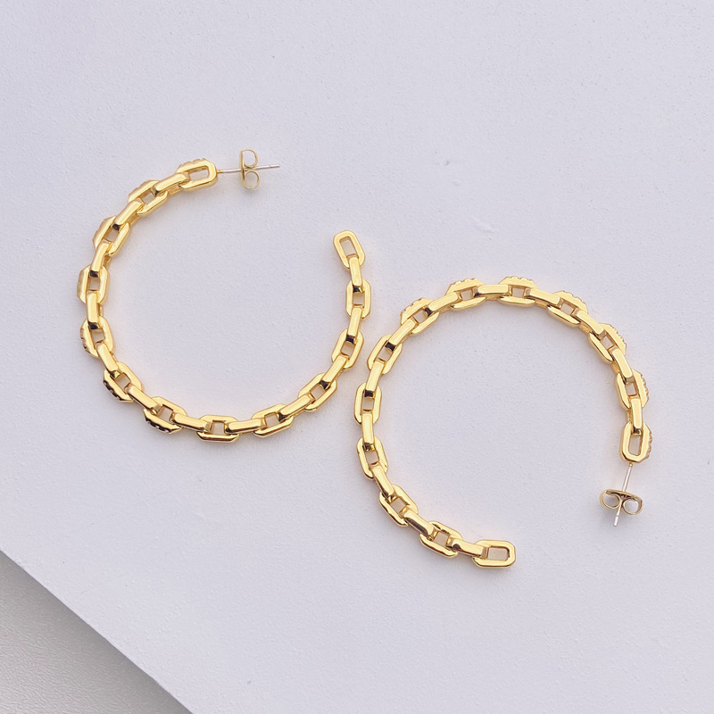 1 Pair Quantity 1 Pair Exaggerated C Shape Inlay Copper Zircon Gold Plated Hoop Earrings