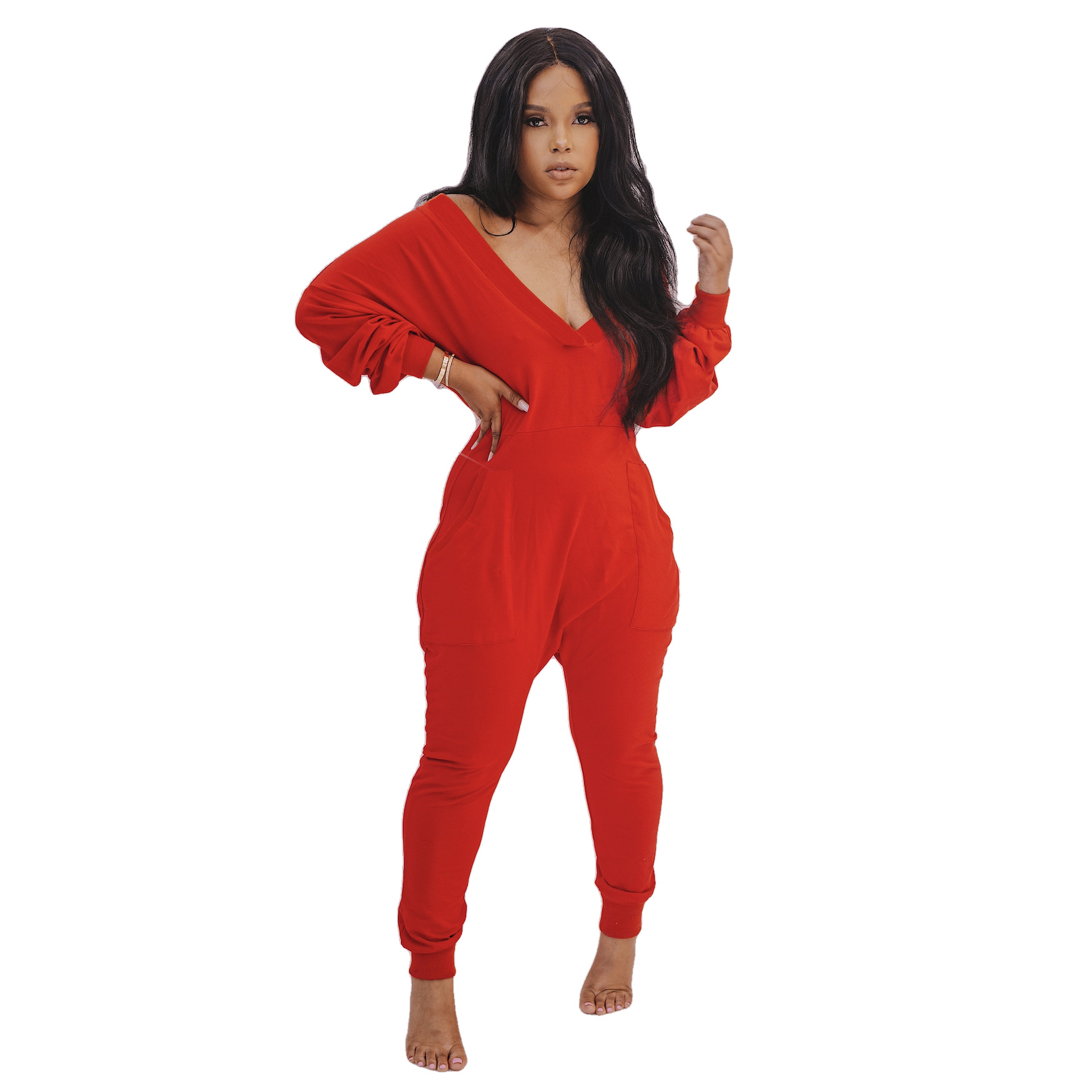 Solid Color V-Neck Long-Sleeved Knitted Jumpsuit NSALI85445