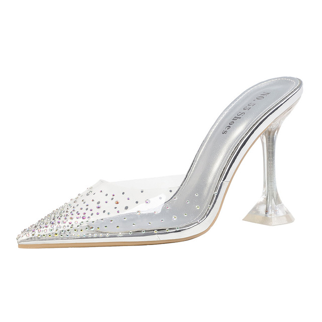 Sexy pointed shallow high heels transparent sexy rivet sandals