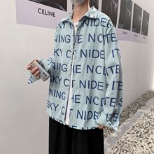 秋季宽松字母印花港风衬衫男韩版潮流帅气灯芯绒长袖衬衣外套白色