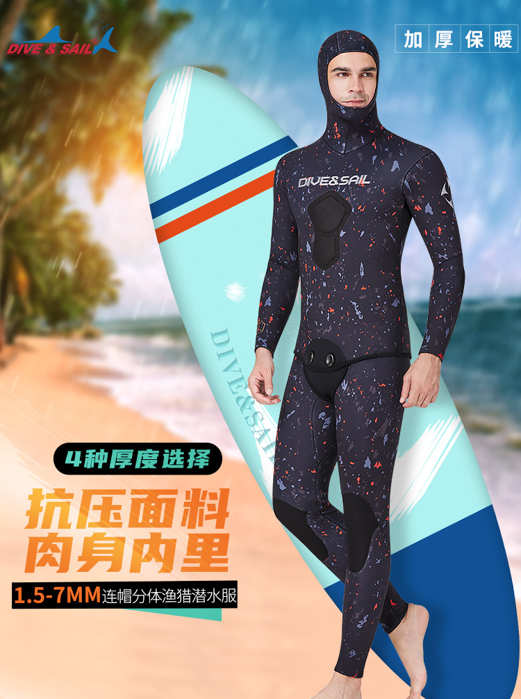 Description Picture 3 of item1.5mm/3mm/5mm/7mm Neoprene Spearfishing Wetsuit Men's Hooded Diving Suit Snorkeling 2 Pieces Set Wetsuit Winter Thermal Swimsuit