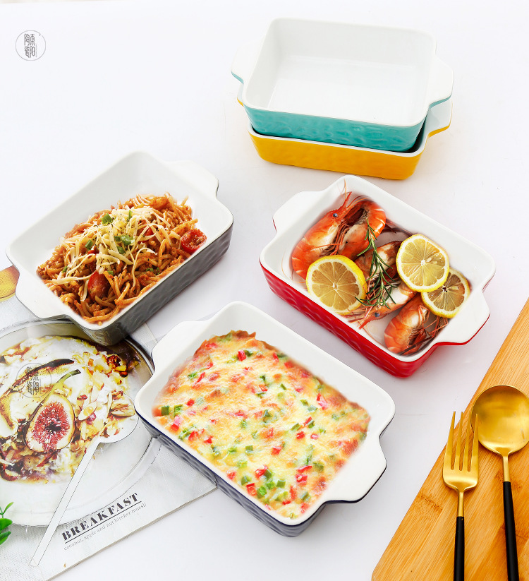 色釉双耳烘焙烤盘陶瓷烤箱用微波炉芝士焗饭碗长方形陶瓷烤盘