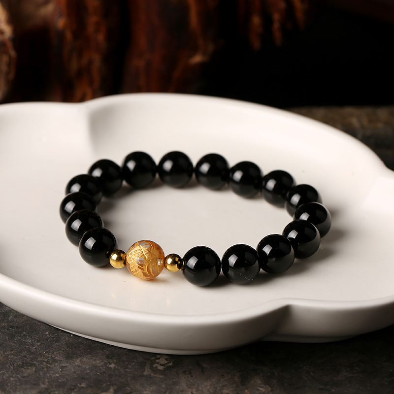 DIYOriginal Fashion Bracelet Natural Obsidian Bracelet White Crystal Bronzing Dragon Ball Men's And Women's Hand Accessories