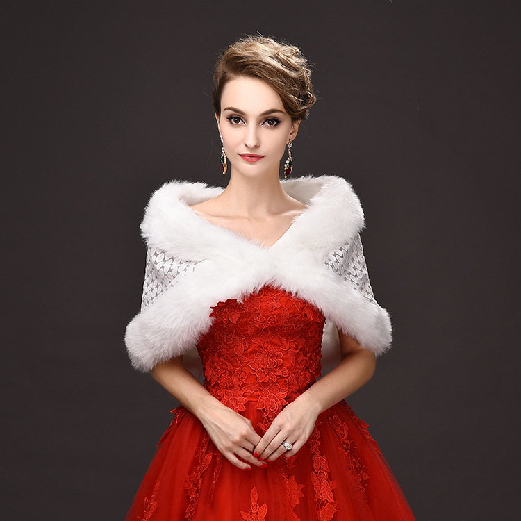 宴會披肩跨境新款新娘婚紗毛披肩紅色加絨秋冬晚禮服純色百搭披肩