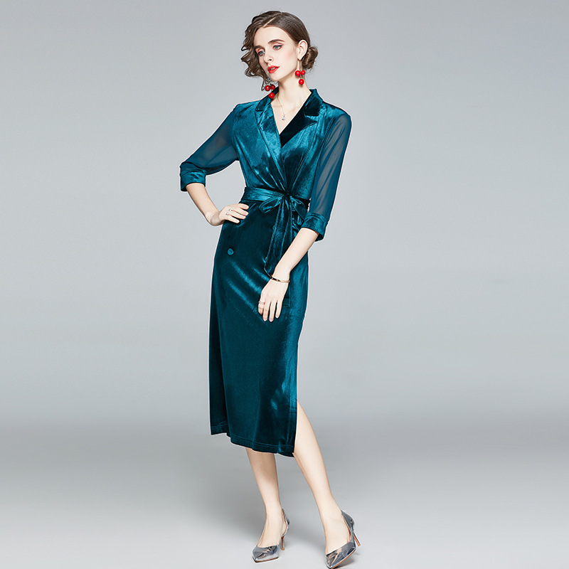 2020秋冬女装新款裙一件代发西装领纱网七分袖金丝绒连衣裙礼服潮