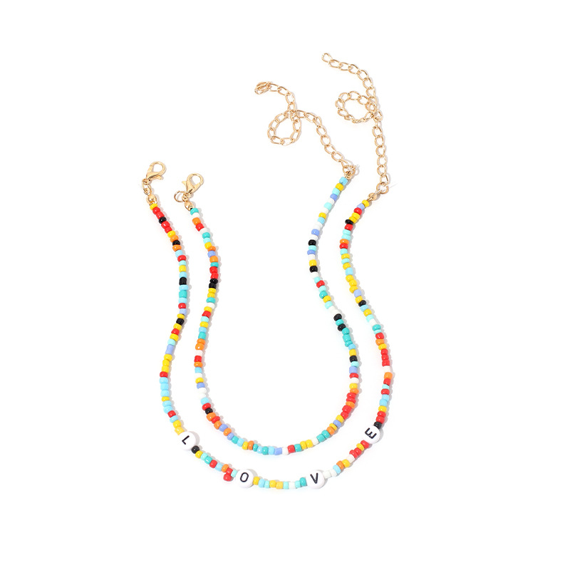 Fashion Retro Ethnic Style Necklace Simple And Sweet Love Letter Rice Beads Short Double Layer Necklace Wholesale Nihaojewelry display picture 2