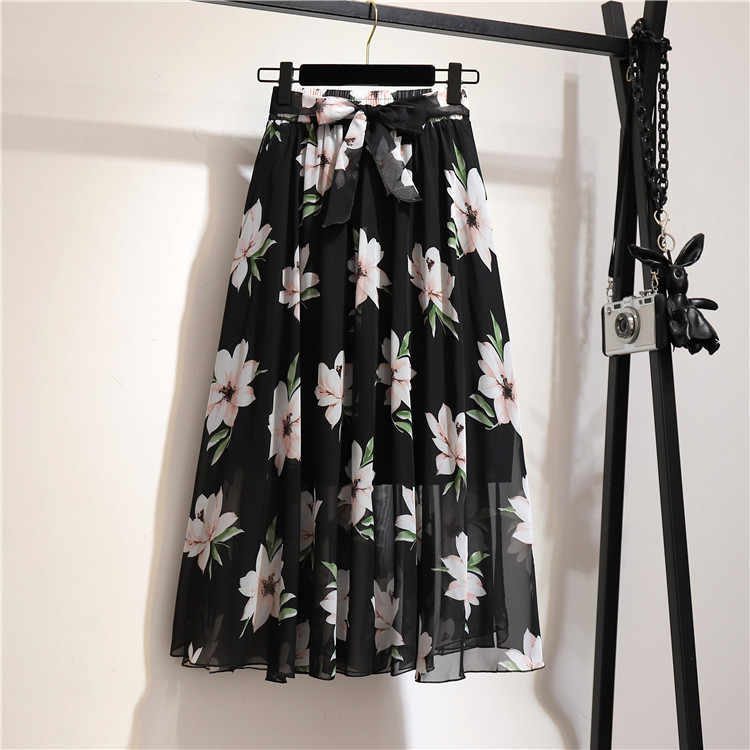 Mid Waist Waist Line Summer Casual Vintage Style Geometric Polka Dots Flower Polyester Chiffon Maxi Long Dress Skirts