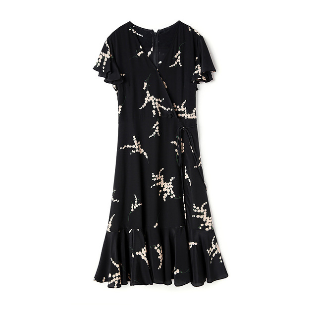 Silk V-neck printed silk dress female