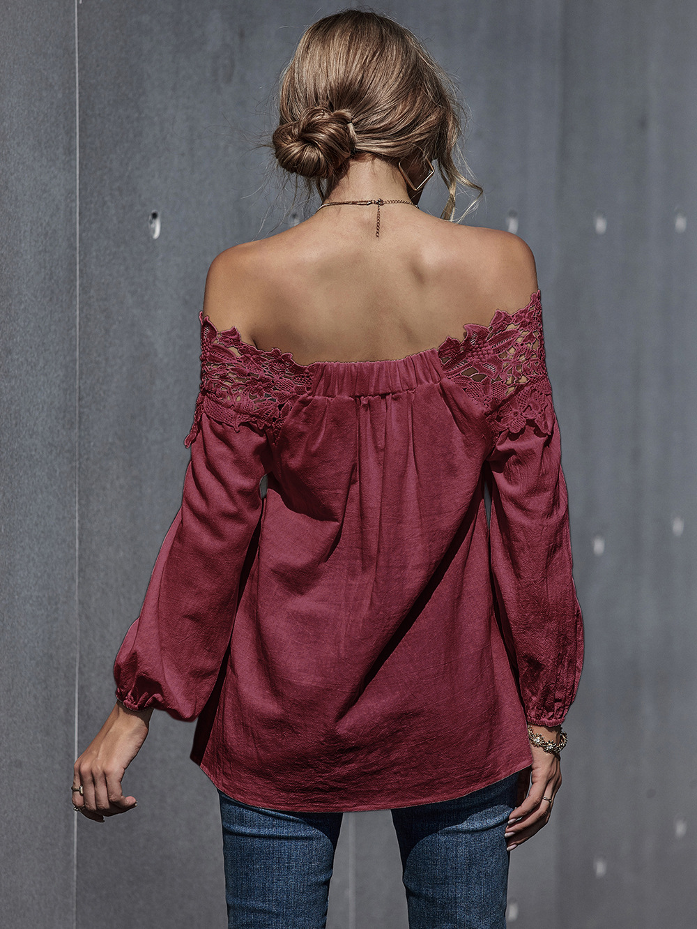 autumn and winter new women s lace stitching sexy one-shoulder puff sleeve blouse NSDF339