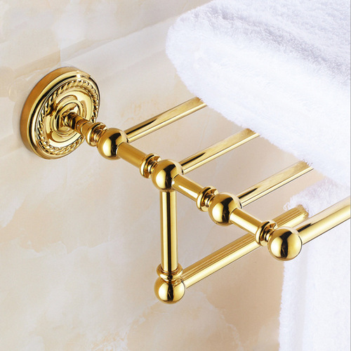 Gold Towel Rack Bathroom Shelf Wall Mount Single Pole Full Copper Tissue Holder Bathroom Hardware Hooks Set