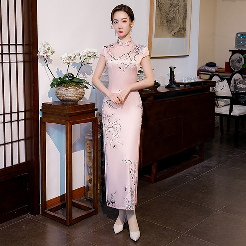 Chinese Dresses Qipao for women robe chinoise cheongsam Short sleeve cheongsam retro standing collar long cheongsam dress