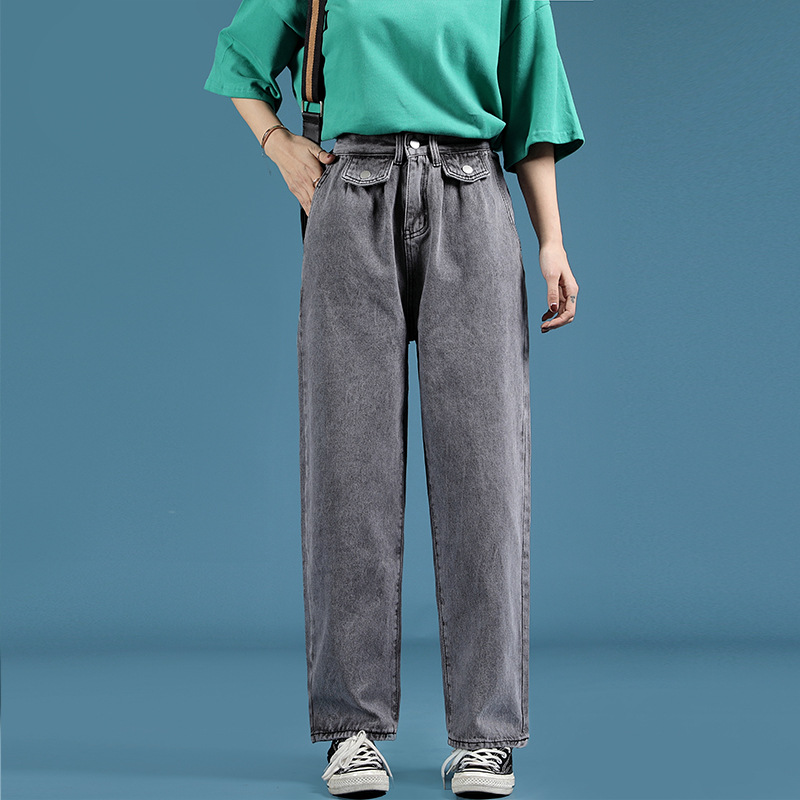 2020春夏季新款韓版直筒闊腳褲中高腰寬松口袋bf風牛仔褲女 10399