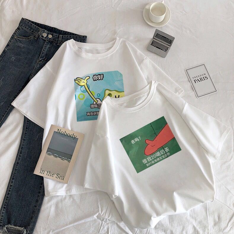 夏天海绵宝宝衣服短袖女学生韩版宽松白色t恤女夏季宽松上衣女生