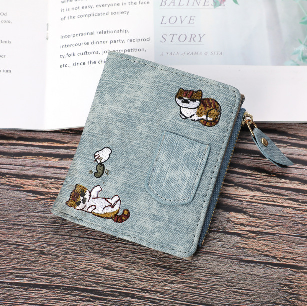 Jeans Style Wallet Cat Embroidered Canvas Pattern Large Capacity Buckle for Mobile Phone Pocket Decorative Women's Bag