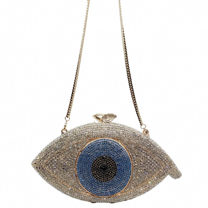 Túi clutch nữ đính kim cương kim loại rỗng cầm tay dự tiệc 19x4x10.5 cm — Màu xanh lam, Màu đen, Nền vàng kim cương trắng, Đế Vàng Kim Cương chi tiết 9