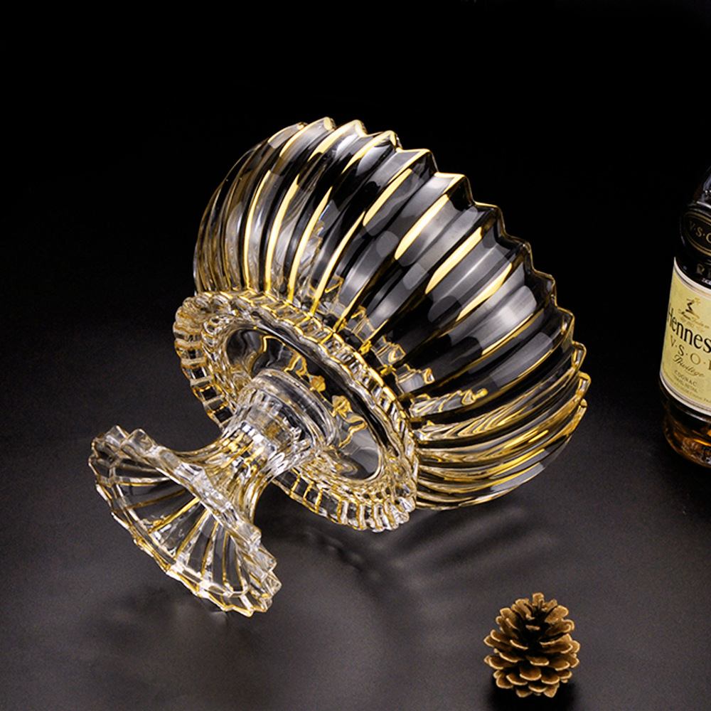 跨境大号水果盘水晶玻璃果斗条形金莲花供盘创意金边高脚干果盘