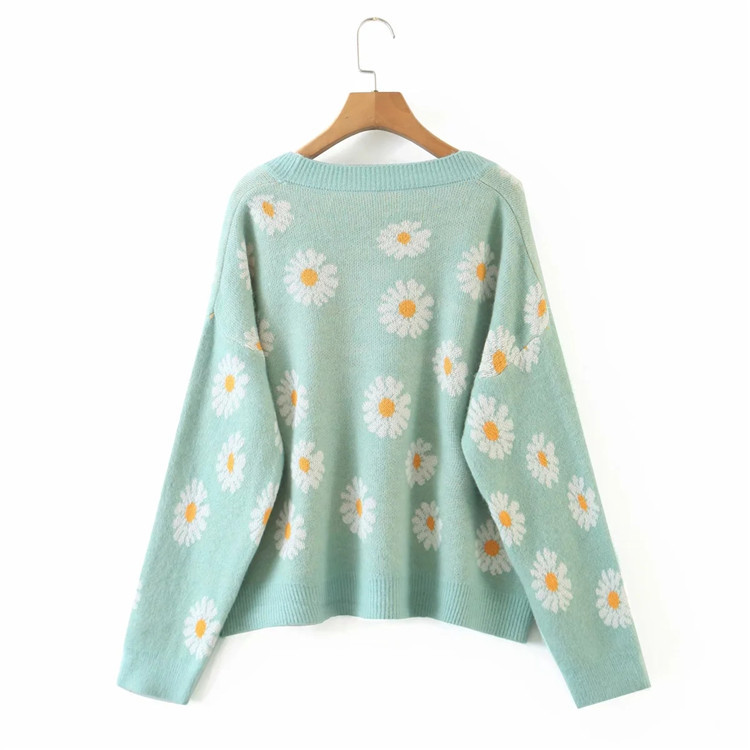 autumn and winter V-neck daisy jacquard cardigan sweater  NSLD15289