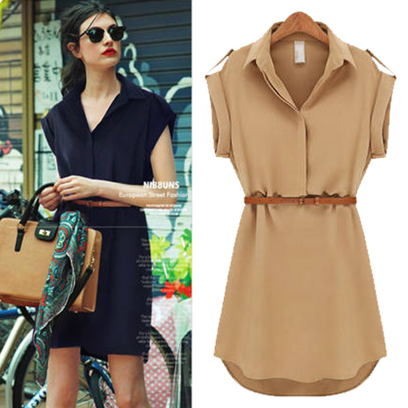 Platform New Cross-border Hot Selling Amazon Short-sleeved Loose Shirt Dress Slim Slim Chiffon Dress Belt
