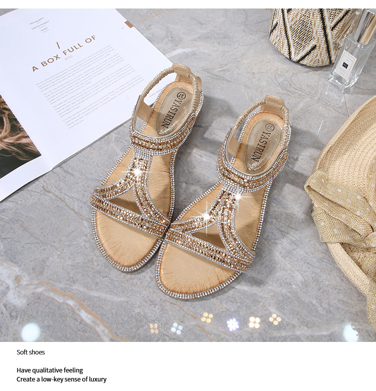 2025 New cross-border sandals Bohemian-style women's shoes summer hollowed-out flat diamond sandals Womanshoes undefined