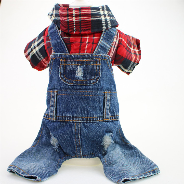 Pet clothes Teddy than bear dog four-legged large plaid denim jumpsuit spring, autumn and winter new manufacturers Pet clothes Teddy than bear dog four-legged large plaid denim jumpsuit spring, autumn and winter new manufacturers