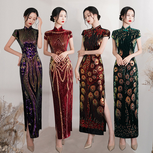 Velvet peacock sequins Chinese dresses retro wedding party cheongsam for women girls oriental style retro qipao host singers long catwalk slim cheongsam skirt