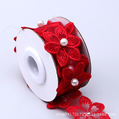 En stock 3,3 cm de una sola capa de flores bordadas de seis pétalos de flores orden perla encaje de organza de encaje ropa de falda de DIY