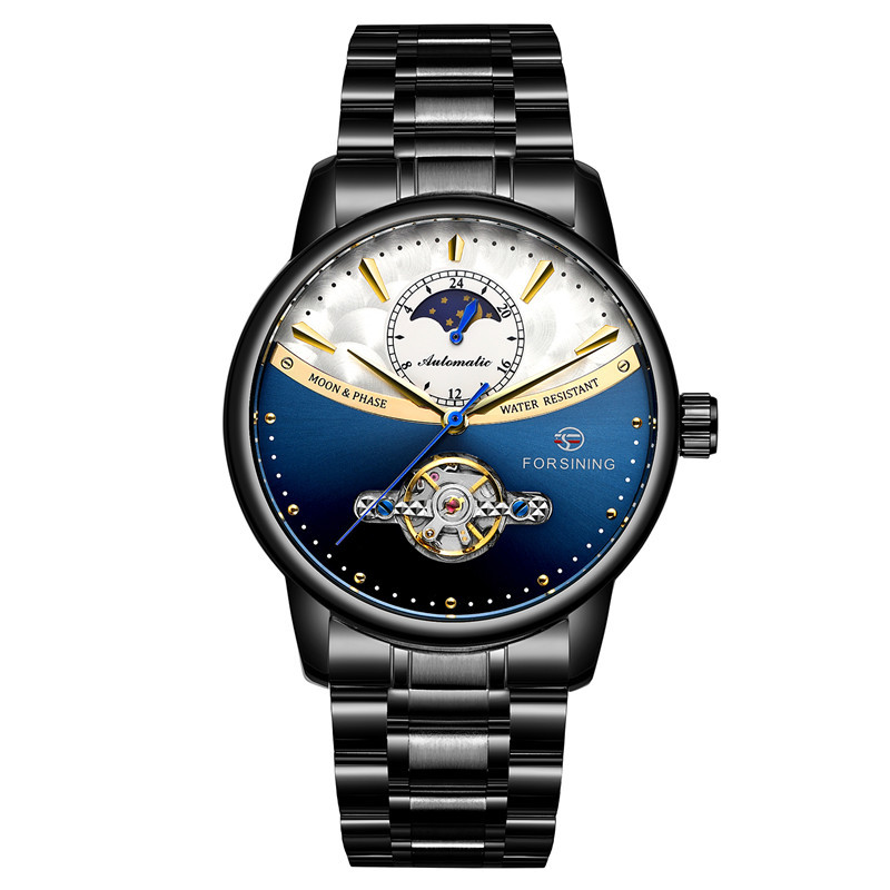 Forsining busini correa de acero los hombres negocios reloj mecánico automático inferior transparente hueco 8179
