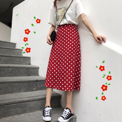 高腰波點裙半身裙女中長款春夏2020新款韓版顯瘦少女裝A字裙批發