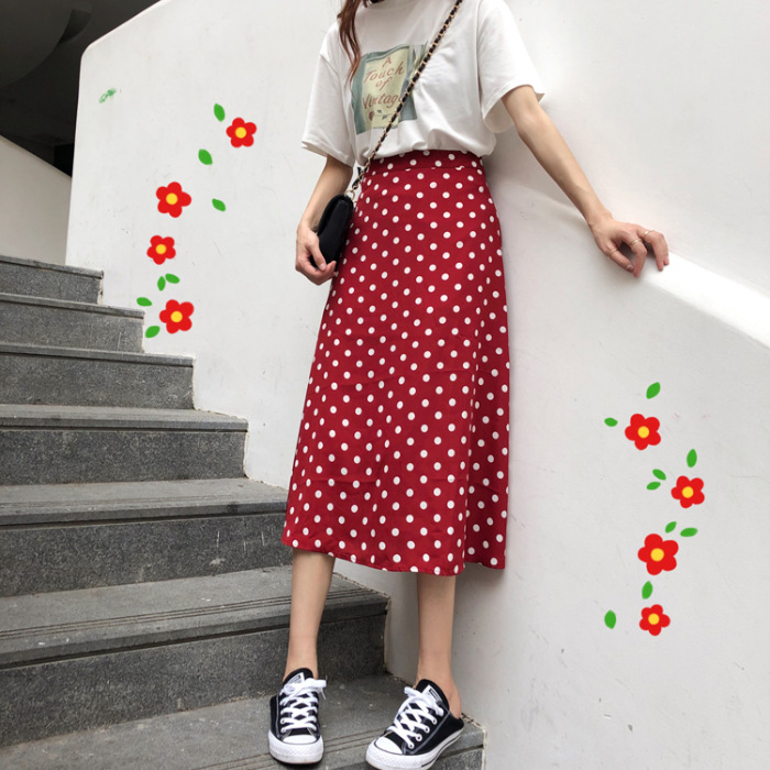 高腰波點裙半身裙女中長款春夏2020新款韓版顯瘦少女裝A字裙批發