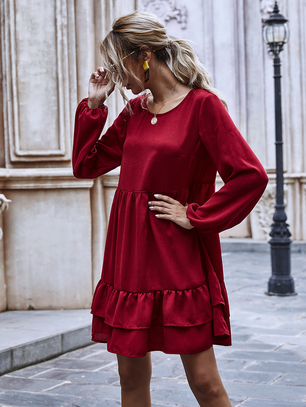 new wine red long-sleeved a-line skirt mid-length ruffle dress wholesale NHDF42